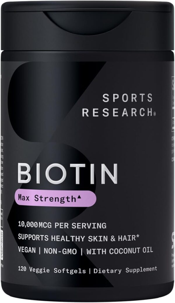 Sports Research® Biotin 10,000mcg with Organic Coconut Oil - Biotin (Vitamin B7) for Healthy Skin and Hair Support* - for Women and Men - Vegan, Non-GMO, Gluten & Soy-Free - 120...