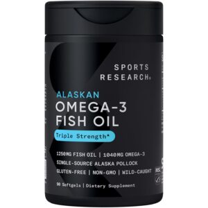 Sports Research Triple Strength Omega 3 Fish Oil - Burpless Fish Oil Supplement w/EPA & DHA Fatty Acids from Single-Source Wild Alaskan Pollock - 1250 mg, 90 ct