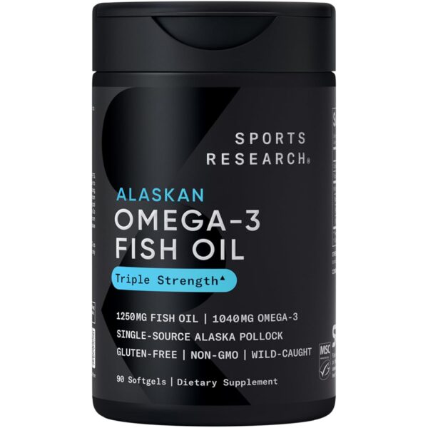 Sports Research Triple Strength Omega 3 Fish Oil - Burpless Fish Oil Supplement w/EPA & DHA Fatty Acids from Single-Source Wild Alaskan Pollock - 1250 mg, 90 ct
