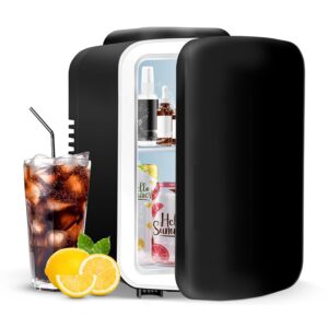 YSSOA 4L Mini Fridge 6 Can Portable Cooler & Warmer Compact Refrigerators for Food, Drinks, Office Desk, Black
