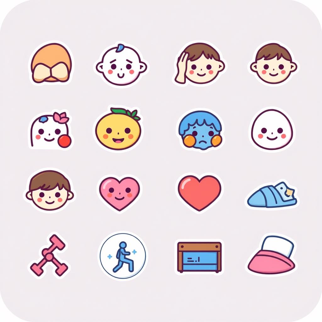 Collection of cute icons used in the Empress Health Journal app for tracking symptoms and moods