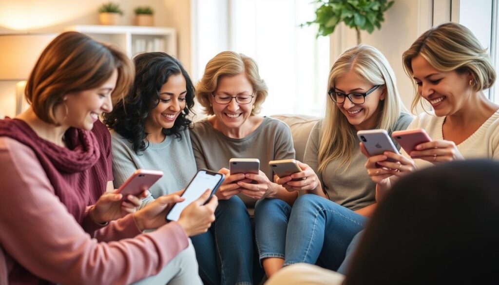 Diverse group of women using the Empress Health Journal app together