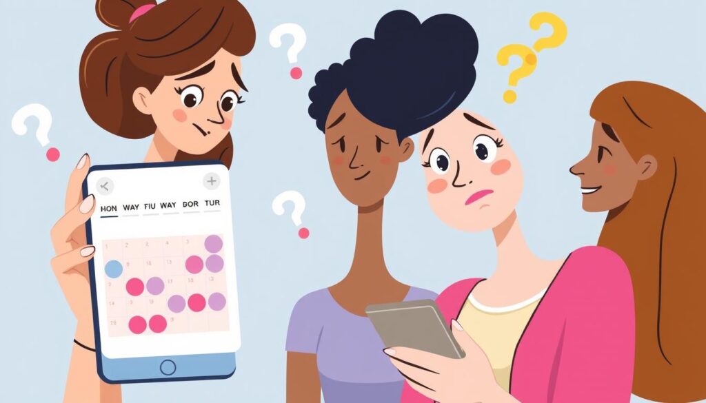 Woman looking confused at calendar trying to remember menstrual cycle dates