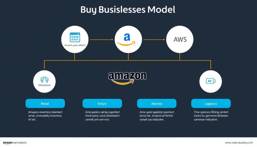Amazon business model ecosystem diagram showing retail, marketplace, AWS, ads and logistics