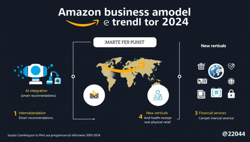 Amazon business model trends for 2024 showing AI integration, international expansion, and new verticals