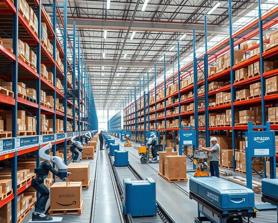 Amazon fulfillment center showing advanced logistics operations with robots and workers