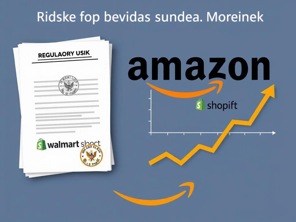 Business risk concept showing Amazon logo with regulatory documents and competitor logos