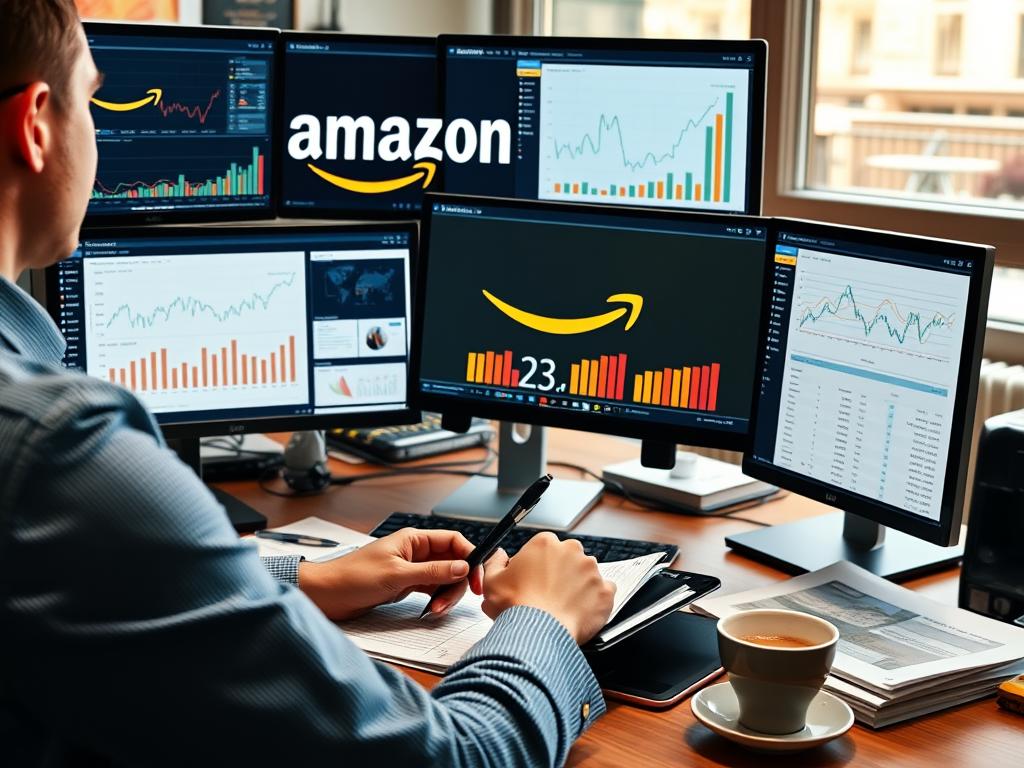 Person researching Amazon business model on computer with charts and graphs